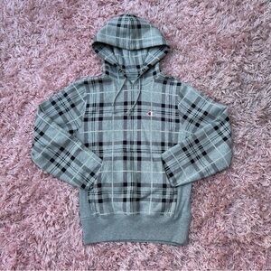 champion urban outfitters gray plaid reverse weave hoodie, mens size small